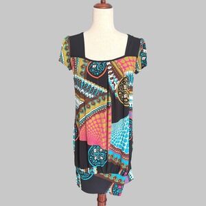 Sushiflower Geometric Patchwork Mini Dress Banded Hem Vintage USA Mod S M Y2K
